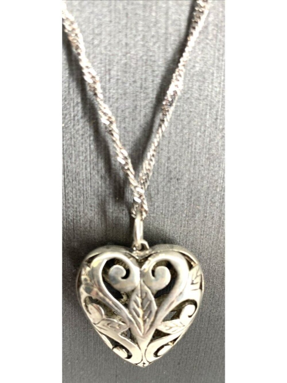 Heart Pendant Necklace Open Filigree Sterling Silver 20" Twisted Link
